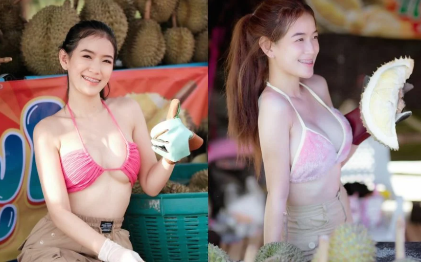 Cewek Thailand Penjual Durian Ini Pakai Bikini untuk Tarik Pembeli